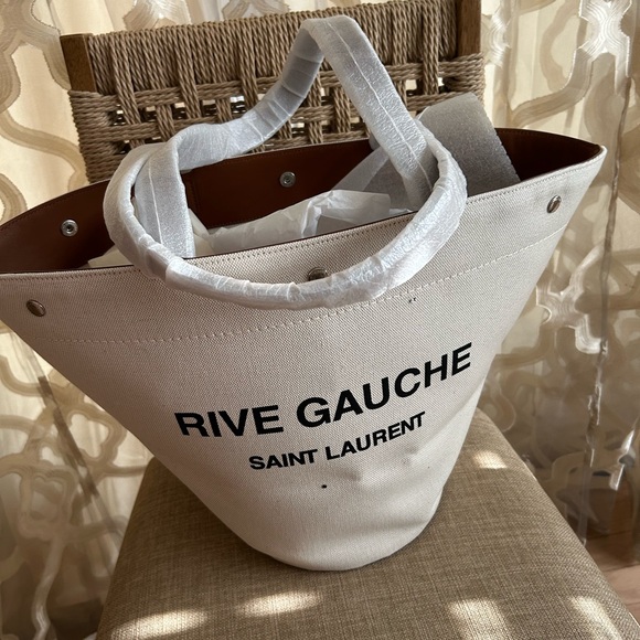 Saint Laurent Handbags - Saint Laurent Cream Canvas Rive Gauche Tote with Black Logo